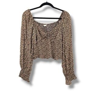 Sim &‎ Sam Floral Smocked Long Sleeve Crop Top Square Neck Blouse L